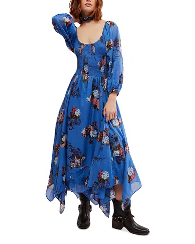 Free People Morning Glory Floral Smocked Long Sleeve Maxi Dress In Dutch Blue Combo