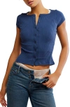 Free People Most Wanted Short Sleeve Cotton Blend Cardigan In Blue
