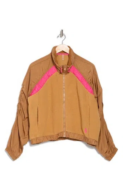 Free People Movement Amelia Water Resistant Fleece Jacket In Camel/malibu Combo