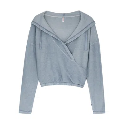 Free People Movement Criss Crossed Blue Hooded Terry Sweatshirt In Gray