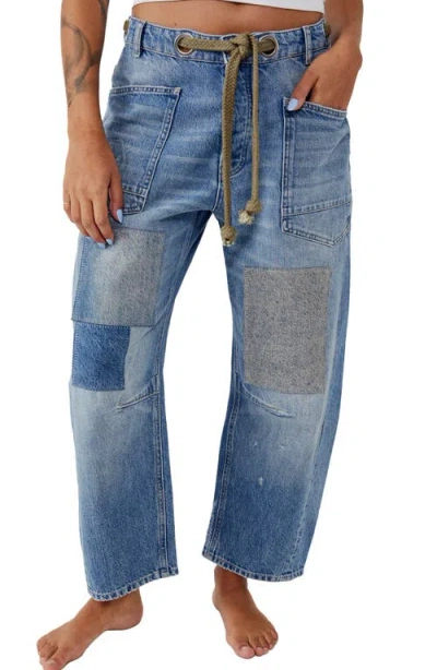 Free People Moxie Low Slung Tie Waist Nonstretch Jeans In Blue