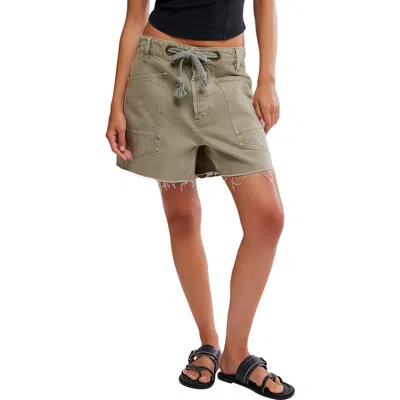 Free People Moxie Mid Rise Belted Drawstring Cutoff Denim Shorts In Green