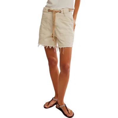 Free People Moxie Mid Rise Belted Drawstring Cutoff Denim Shorts In Neutral