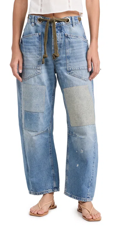 Free People We The Free Moxie Barrel Paint Splatter Jeans In Truest Blue