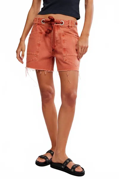 Free People Moxie Mid Rise Belted Drawstring Cutoff Denim Shorts In Orange