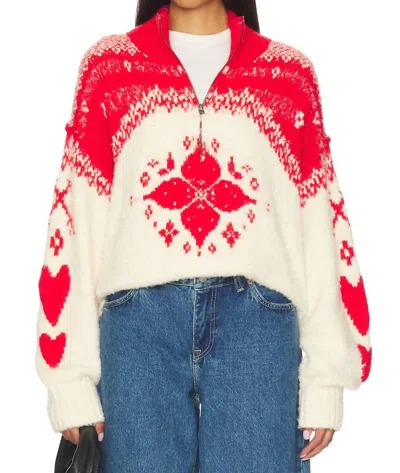 Free People Mythical Knit Sweater In Vanilla Scarlet Combo In Red