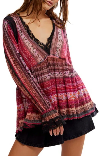 Free People Natalie Print Lace Long Sleeve Minidress In Purple