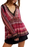 Free People Natalie Print Lace Long Sleeve Minidress In Plum Combo