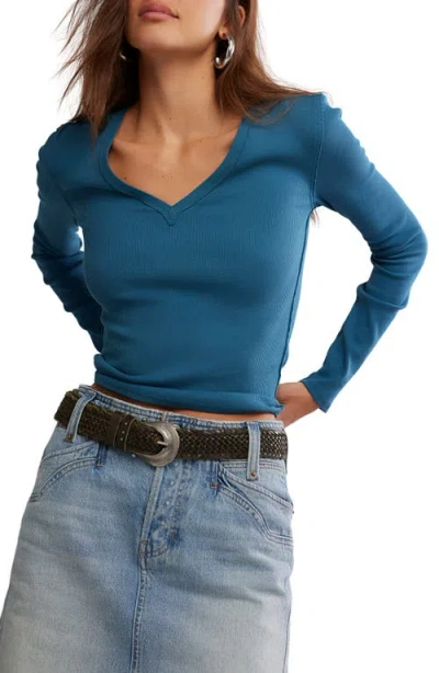 Free People Neria Long Sleeve Stretch Cotton Crop Top In Blue