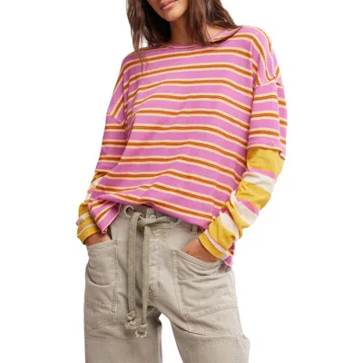 Free People Nina Stripe Layered Long Sleeve Cotton T-shirt In Lilac Combo
