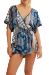 Free People Oasis Satin Faux Wrap Pajama Romper In Indigo Combo