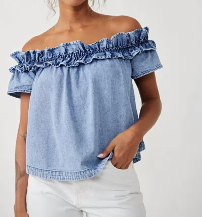 Free People Off The Shoulder Jean Top In Bleach Out In Blue