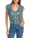 Free People Ruched Floral Mesh Scoop Neck Top In Blue In Green