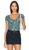 Free People Ruched Floral Mesh Scoop Neck Top In Blue In Seagrass Combo