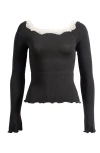 Free People Oh My Darling Lace Trim Long Sleeve Top In Black