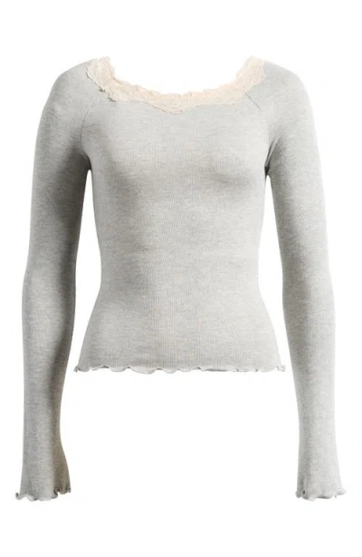 Free People Oh My Darling Lace Trim Long Sleeve Top In Gray