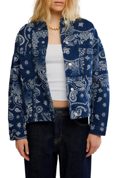 Free People Opal Swing Printed Denim Jacket In Blue