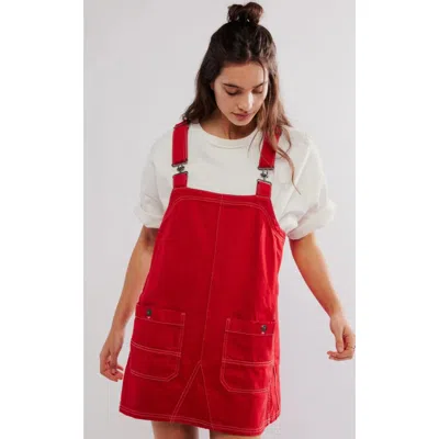 Free People Overall Smock Mini Dress Red Denim Adjustable Strap Ddr2267
