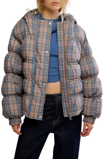 Free People Party Of One Plaid Water Resistant Hooded Puffer Jacket In Blue