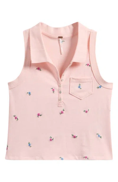 Free People Pepper Embroidered Crop Sleeveless Polo In Pink Marshmallow