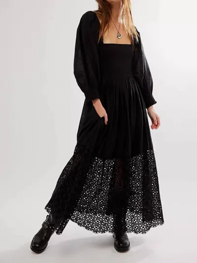 Free People Perfect Storm Smocked Eyelet Long Sleeve Maxi Dress In Black