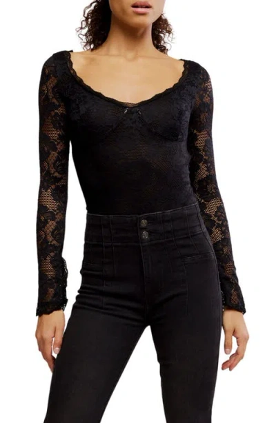 Free People Perfectly Fine Long Sleeve Lace Bodysuit In Black