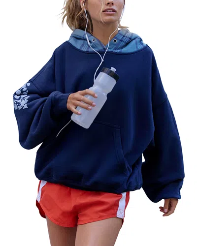 Free People Plaid Hood Final Call Sweatshirt In Blue