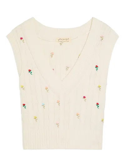 Free People Plumeria Cable-knit Floral-embroidered Vest In Neutral