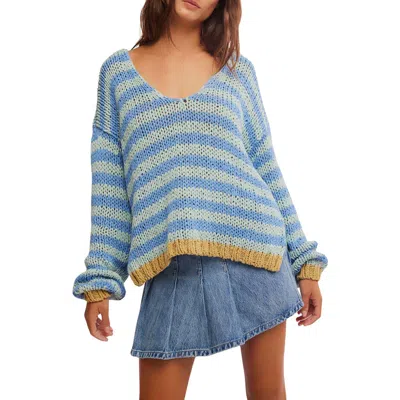 Free People Portland Stripe Cotton Sweater In Blue