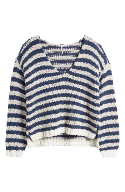 Free People Portland Stripe Cotton Sweater In Denim Island Combo