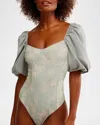 Free People Prarie Rose Puff Sleeve Bodysuit In Moss