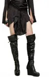 Free People Pre-loved Jedda Fabric Wedge Over Knee Leather Boot In Black In Black