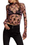 Free People Printed Lady Sheer Embroidered Long Sleeve Top In Black Combo