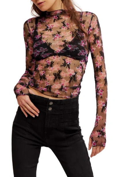 Free People Printed Lady Sheer Embroidered Long Sleeve Top In Black Combo