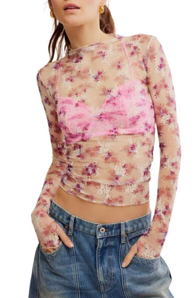 Free People Printed Lady Sheer Embroidered Long Sleeve Top In Ivory Combo