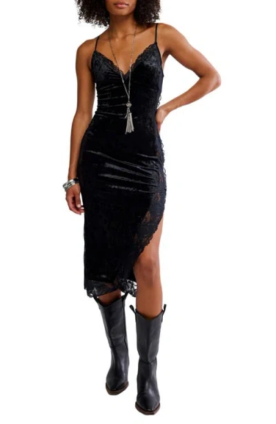 Free People Raise A Toast Velvet & Lace Midi Slipdress In Black
