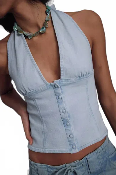 Free People Ramona Denim Halter Top In Light Sky Blue