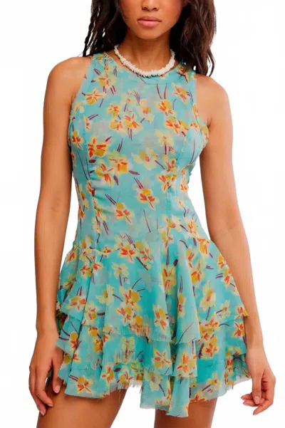 Free People Raven Printed Mini Dress In Aqua In Green
