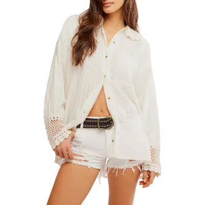 Free People Rhiannon Crochet Accent Cotton Button-up Shirt In Optic White