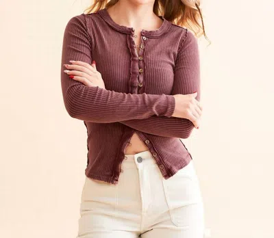 Free People Ribbed Button Up Sweater In Mauve In Brown