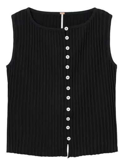 Free People Ribbed Buttoned Top In Black