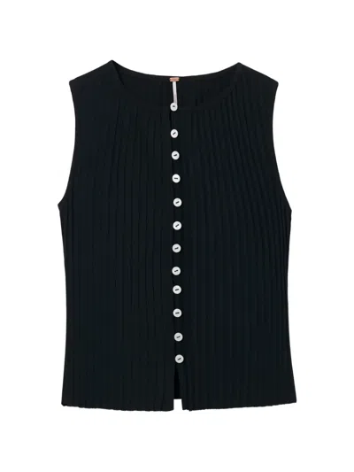 Free People Ribbed-knit Button-front Top In Black