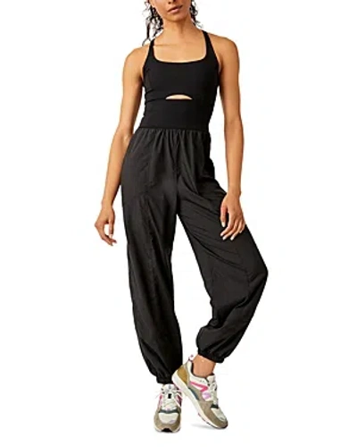 Free People Righteous Mixed Media Sleeveless Jumpsuit In Black