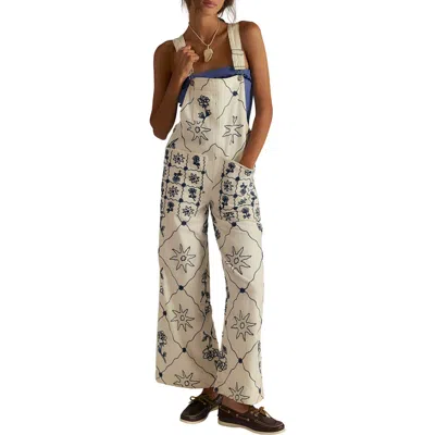 Free People Rising Sun Embroidered Wide Leg Overalls In Neutral