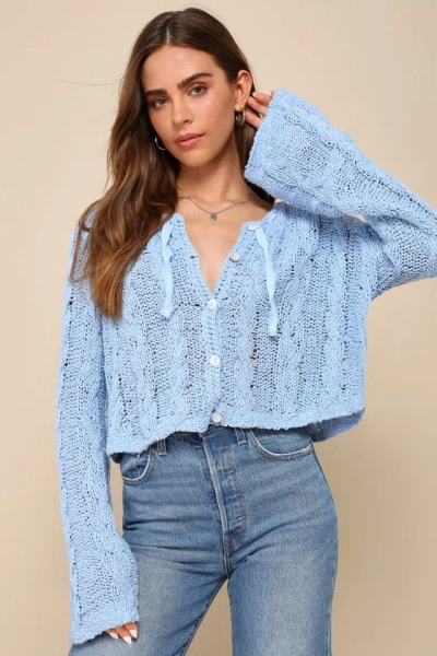 Free People Robyn Blue Cable Knit Cropped Button-front Cardigan