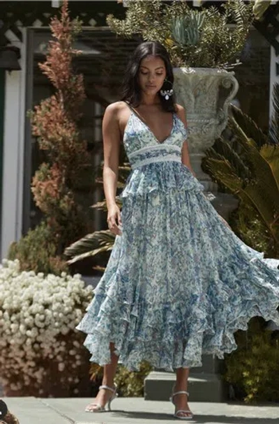 Pre-owned Free People Rococo Sand Emi Braw Strappy Long Metallic Peplum Dress L $532 In Blue
