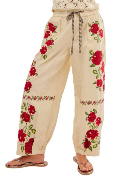 Free People Rosalia Floral Embroidered Pants In Birch Combo