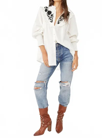 Free People Rose Vines Embroided Button Down Top In White