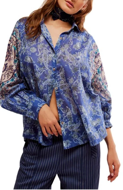 Free People Rosebud Paisley Print Cotton Button-up Shirt In Blue Combo