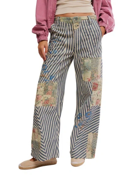 Free People Runyon High Waist Patch Detail Stripe Cotton Pants In Neutral